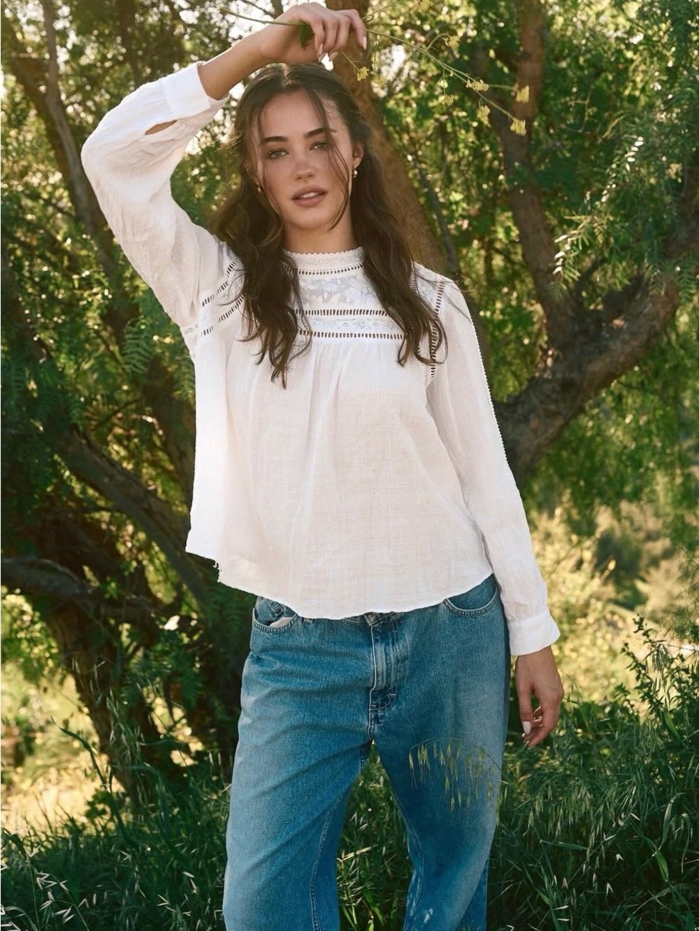 Miss Me Ivory Crinkled Lace Yoke Mock Neck Blouse Bohemian Embroidery Crochet - Picture 2 of 14